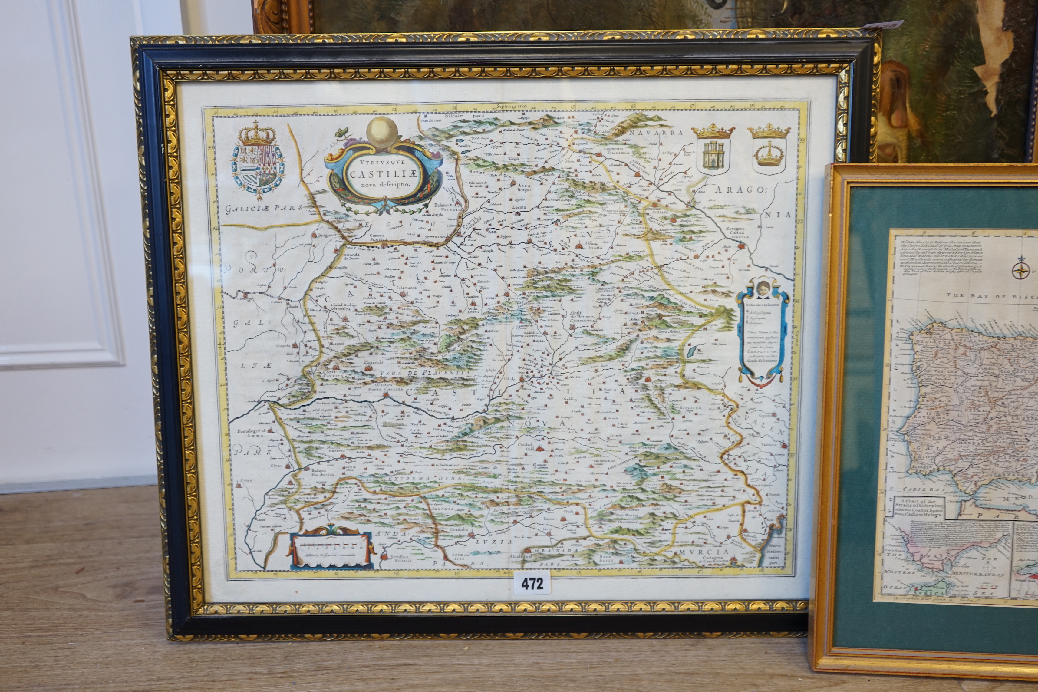 Two antique hand coloured maps comprising Spain and Portugal by Emanuel Bowen and Castilia by Willem Blaeu, largest 46 x 54cm